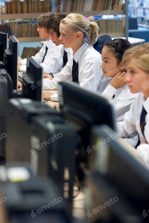 Preview: A Portrait Shots Of Young Students In School Uniforms Using Computers In A Library.