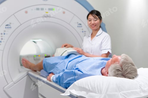 Preview: A Professional Radiologist Smiling At The Patient While Helping Him With An Mri Scan