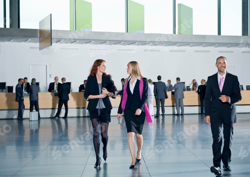 Preview: A Front View Of Smart Delegates Walking In Style In The Foyer Of A Conference Center With People