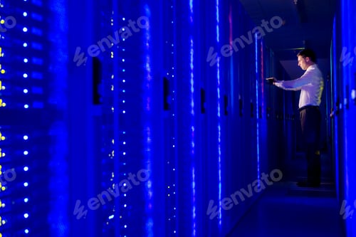 Preview: Side View Wide Angle Shot An Of An It Technician Checking System In The Aisle Of A Data Center Room