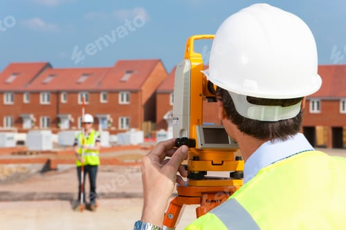 Preview: A Close Up Shot Of A Surveyor From Backside Looking At A Co-Worker Through A Theodolite At A