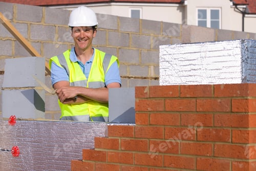 Preview: A Horizontal Portrait Of A Smiling Bricklayer In Safety Vest And A Helmet Standing Behind A Brick