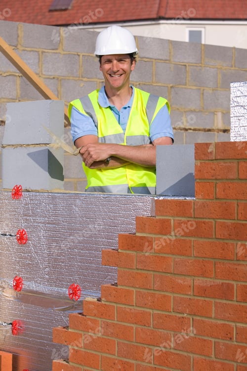 Preview: A Vertical Portrait Of A Smiling Bricklayer In Safety Vest And A Helmet Standing Behind A Brick