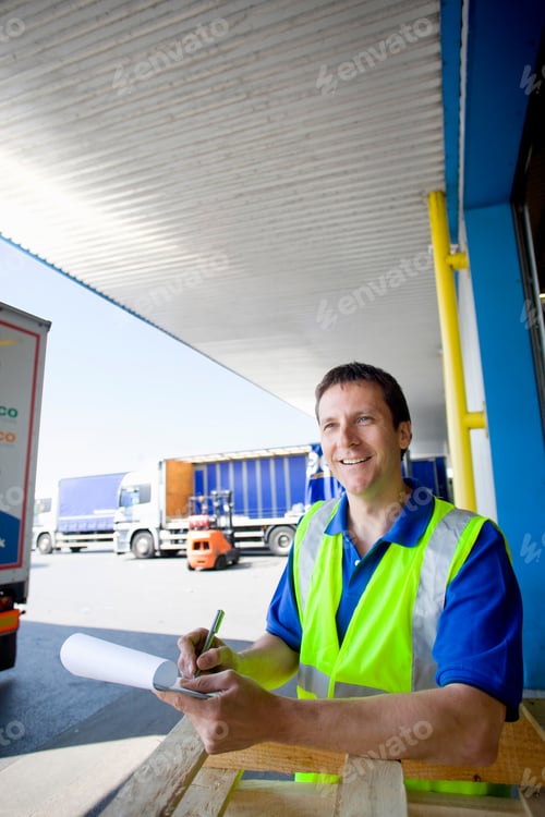 Preview: A Vertical Shot Of Smiling Worker Standing And Writing On A Notepad At A Loading Dock Of A Factory