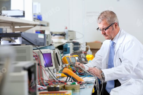 Preview: A Side View Of An Engineer Working At The Electrical Test Bench With Multimeters And Test Probes