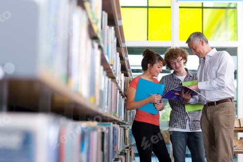Preview: A Low Angle Medium Shot Of A Teacher Helping His Students While Standing Next To A Book Shelf In A