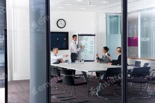 Preview: A Wide Shot Of Business People Discussing A Flow Chart On Whiteboard In A Conference Room.