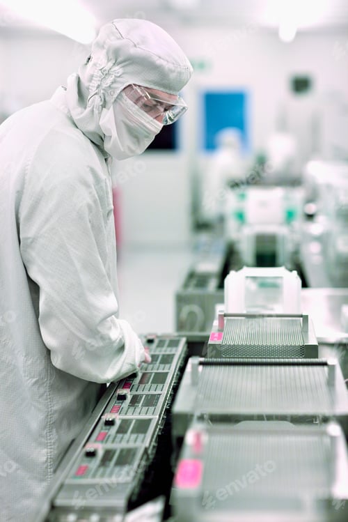 Preview: A Scientist In Lab Suit And Safety Eyeglasses Watching The Silicon Wafers Being Processed In A