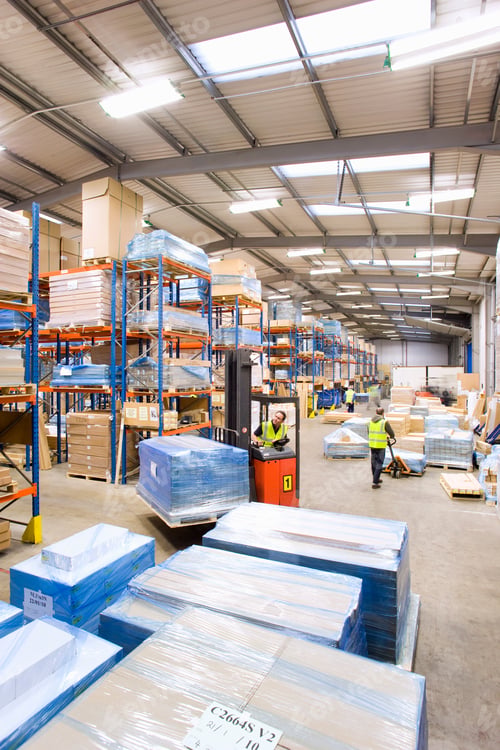 Preview: A Vertical Shot Of Warehouse Workers Moving Pallets With Forklift.