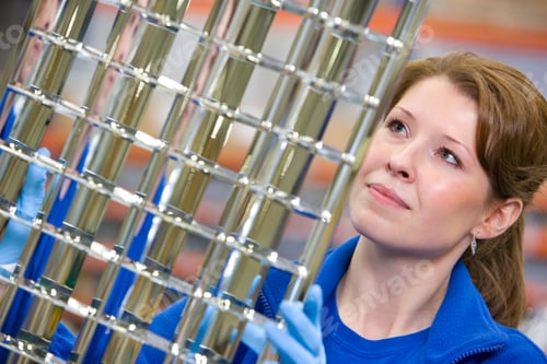 Preview: A Close Up Shot Of A Female Worker Inspecting Aluminum Light Fittings.