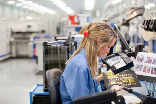 Preview: Horizontal Profile Shot Of A Seated Female Technician Examining A Printed Circuit Board Under A