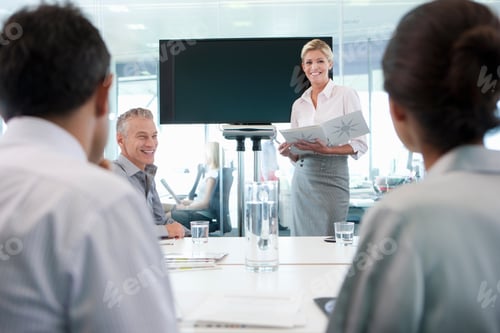 Preview: A Smiling Businesswoman Leading A Meeting While Referring A Folder In The Conference Room