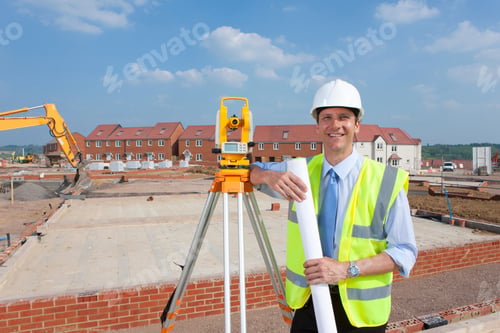 Preview: A Medium Shot Of A Smiling Surveyor Standing Next To A Theodolite While Holding A Blueprint At A
