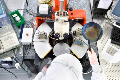Preview: A Horizontal View With Reflection Of The Scientist On A Silicon Wafer Next To The Microscope In A