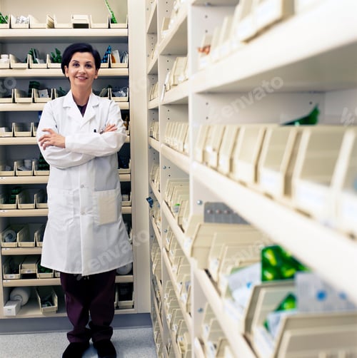 Preview: A Portrait Of A Confident Pharmacist In Lab Coat Proudly Standing In The Pharmacy With Her Arms