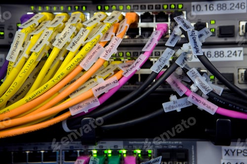 Preview: A Close Up Shot Of Colorful Lan Cables In A Network Server.