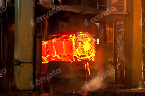 Preview: A Medium Shot Of Hot Molten Forged Steel Crushing In A Machine.