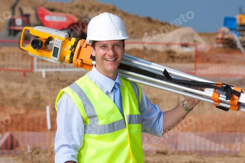 Preview: A Portrait Of Smiling Surveyor In Safety Vest And A Helmet Carrying A Theodolite With Its Stand On