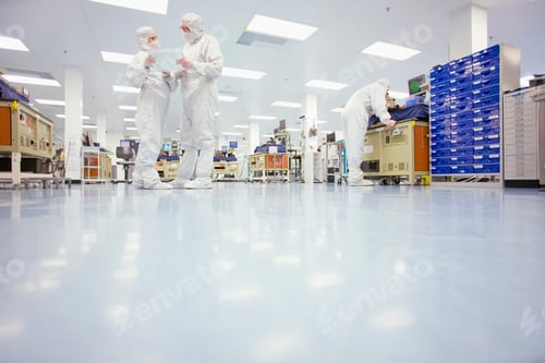 Preview: A Low Angle View Of Scientists In Clean Suits Discussing A Report In The Silicon Wafer