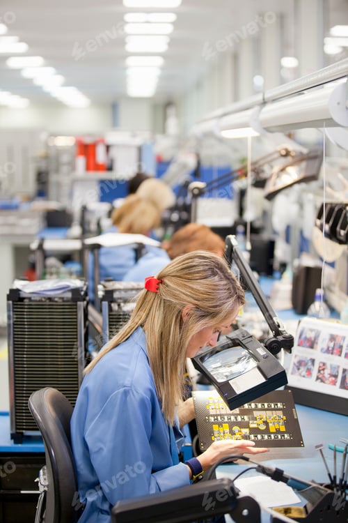 Preview: Vertical Profile Shot Of A Female Technician In A Row At A Manufacturing Plant Examines A Printed