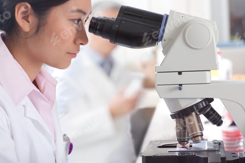 Preview: A Side Profile Shot Of A Young Female Technician Looking Into A Microscope In A Laboratory.