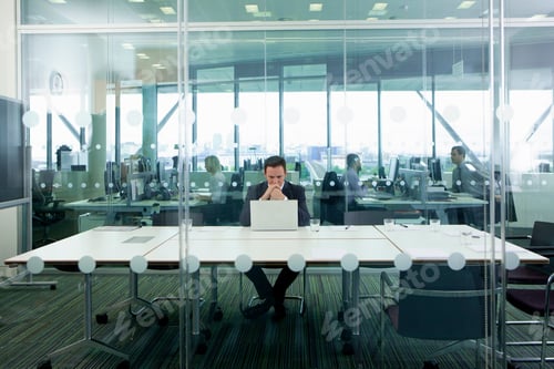Preview: A Full-Length View Of A Serious Businessman In A Formal Suit Sitting At The Laptop In The