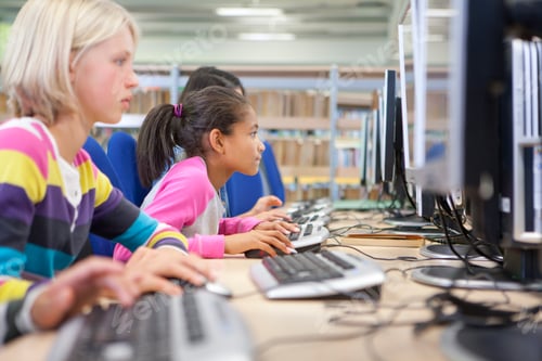 Preview: A Medium Shot Of A Young African American Girl Using Computer In A School Computer Lab With Other