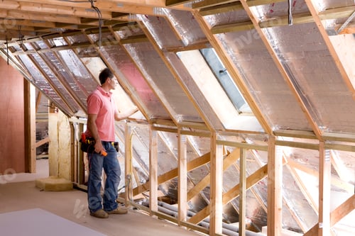 Preview: Electrician Standing Near A Window And Looking Out Of An Under Construction Attic.