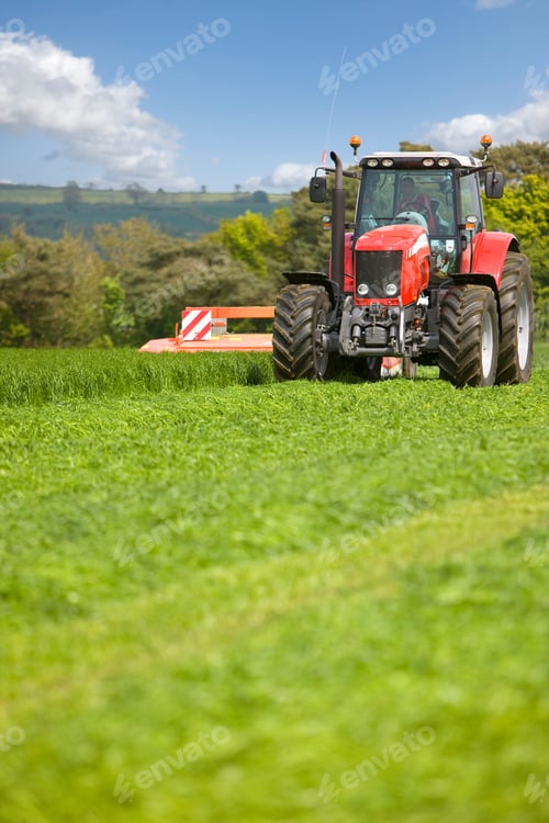 Preview: A Vertical View Of A Red Tractor In Selective Focus While Mowing The Grass For Silage On A Farm