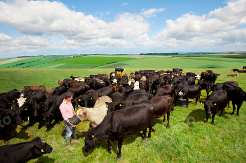 Preview: A High Angle Medium Shot Of A Happy Farmer Feeding Cattle In Sunny A Rural Field.