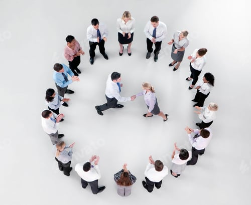Preview: Overhead Shot A Businessman And A Businesswoman Shaking Hands In The Center Surrounded By Their