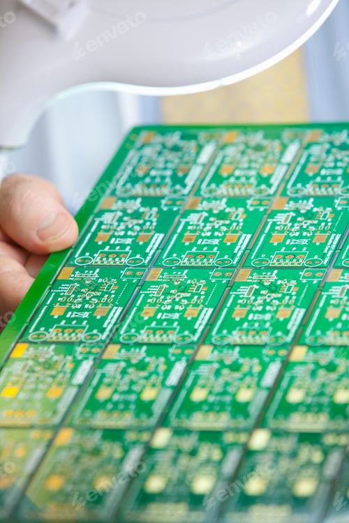 Preview: A Vertical Closeup Of A Circuit Board Held By An Engineer For Examining Under The Magnification