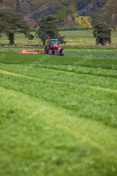 Preview: A Mowing Tractor In Selective Focus While Cutting The Grass In The Middle Of Farm Field With