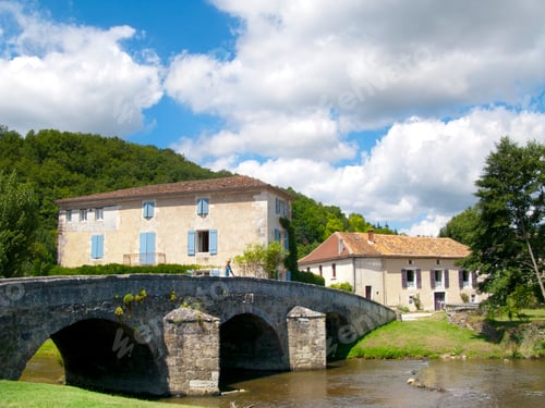 Preview: Buildings And Bridge Over River In St Jean De Cole, Dordogne, France
