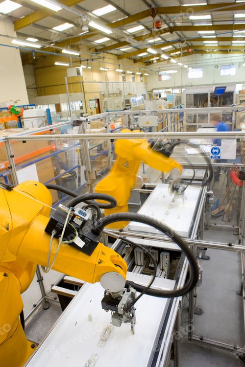 Preview: A Vertical Shot Of Robotic Arms Working At Full Speed On An Assembly Line In A Large Factory With