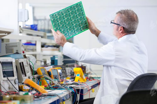 Preview: An Expert Engineer In A Lab Coat Examining The Printed Circuit Board At An Electrical Test Bench