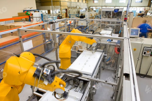 Preview: A Wide Shot Of Robotic Arms Working At Full Speed On An Assembly Line In A Large Factory With Some