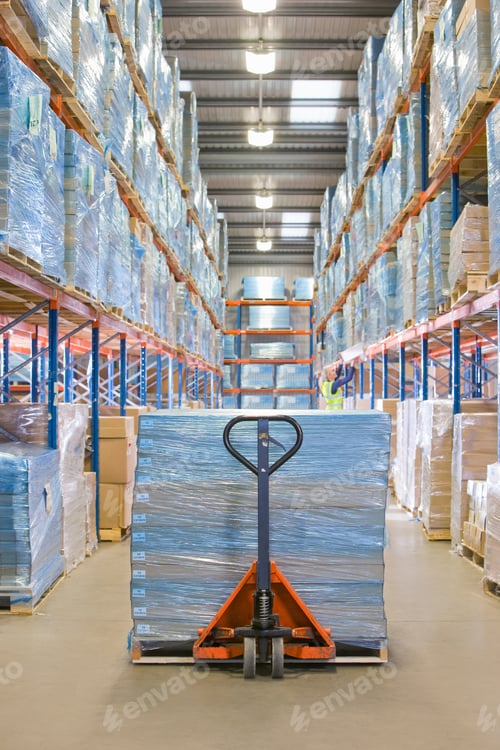 Preview: A Portrait Shot Of Boxes Wrapped In Blue Polythene On A Pallet Truck In Warehouse.