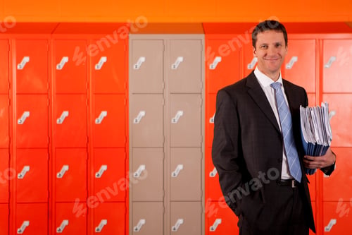 Preview: A Medium Shot Of A Teacher Holding Paperwork And Smiling At Camera With School Lockers In
