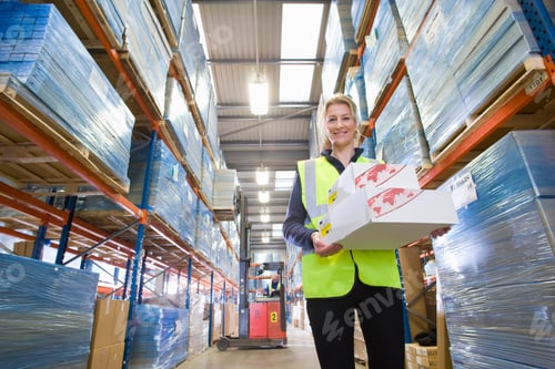 Preview: A Low Angle Shot Of A Smiling Female Warehouse Worker Holding Boxes In Warehouse With A Forklift In