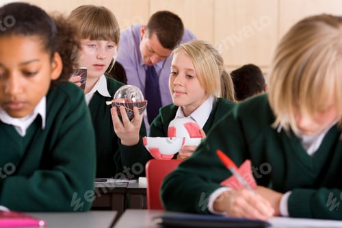 Preview: School Girls Curiously Observing A Biology Model In A Busy Classroom While Sitting On Their Desk