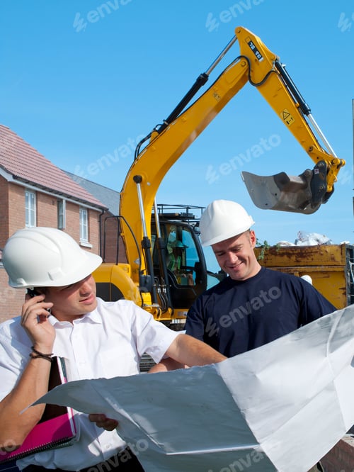 Preview: A Portrait Shot Of Two Construction Workers Holding A Blueprints And Talking On A Construction Site