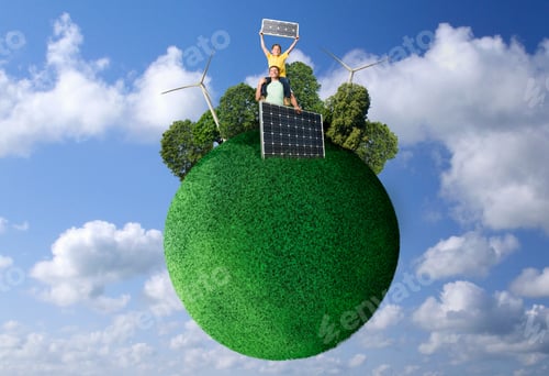 Preview: A Father And Son Holding Solar Panels On A Globe Covered In Grass With Windmills On It.
