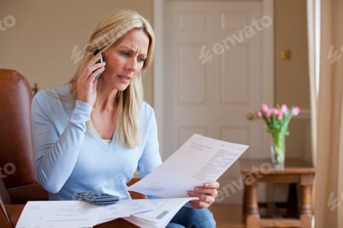 Preview: Horizontal Shot Of A Woman In An Armchair Talking On A Mobile Phone Holding Bills At Home.