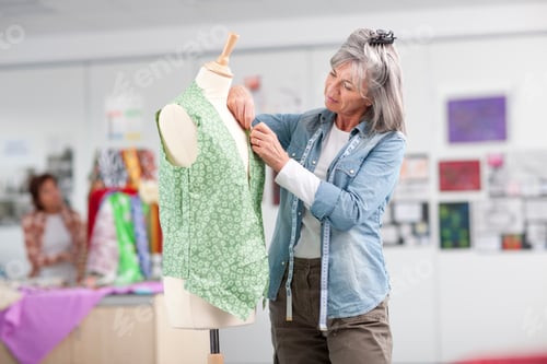 Preview: A Medium Shot Of A Senior Female Designer Adjusting Shirt On A Dressmakers Dummy In A Classroom.