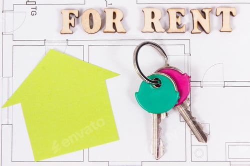 Preview: Inscription For Rent, Home Keys And Money On Electrical Construction Drawing, Concept Of Renting