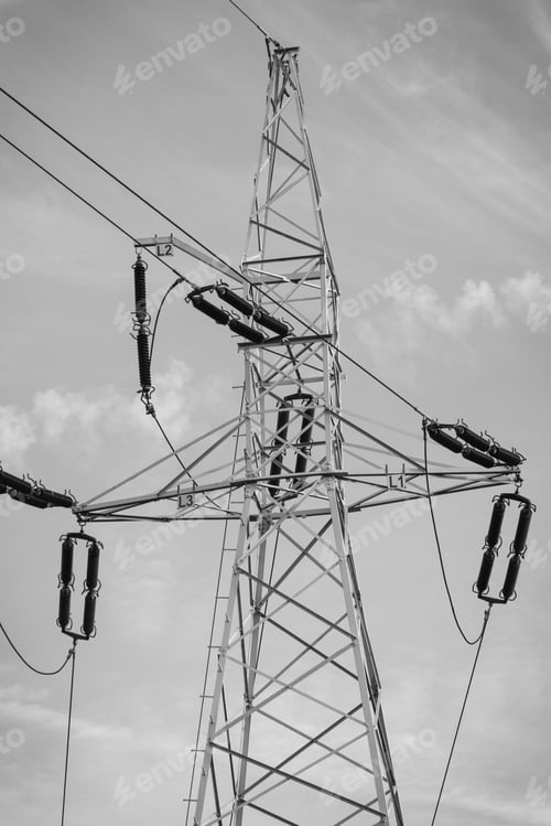 Preview: High Voltage Electric Pole With Wires. Line Of Electricity Transmissions And Distribution. Black