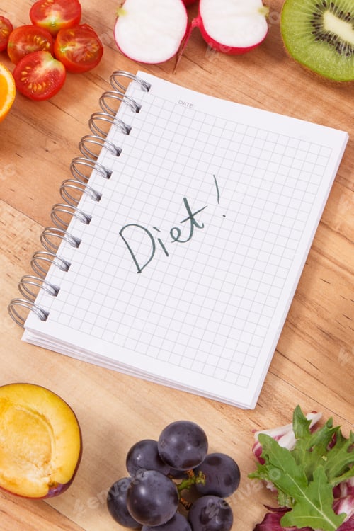 Preview: Word Diet In Notepad And Fresh Ripe Fruits And Vegetables As Healthy And Nutritious Eating