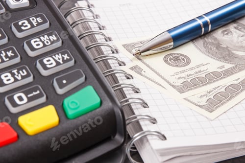 Preview: Payment Terminal Using For Cashless Paying In Different Places, Notepad For Notes And Currencies