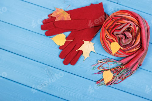 Preview: Woolen Gloves And Colorful Shawl For Woman. Warm Clothing For Autumn Or Winter, Place For Text